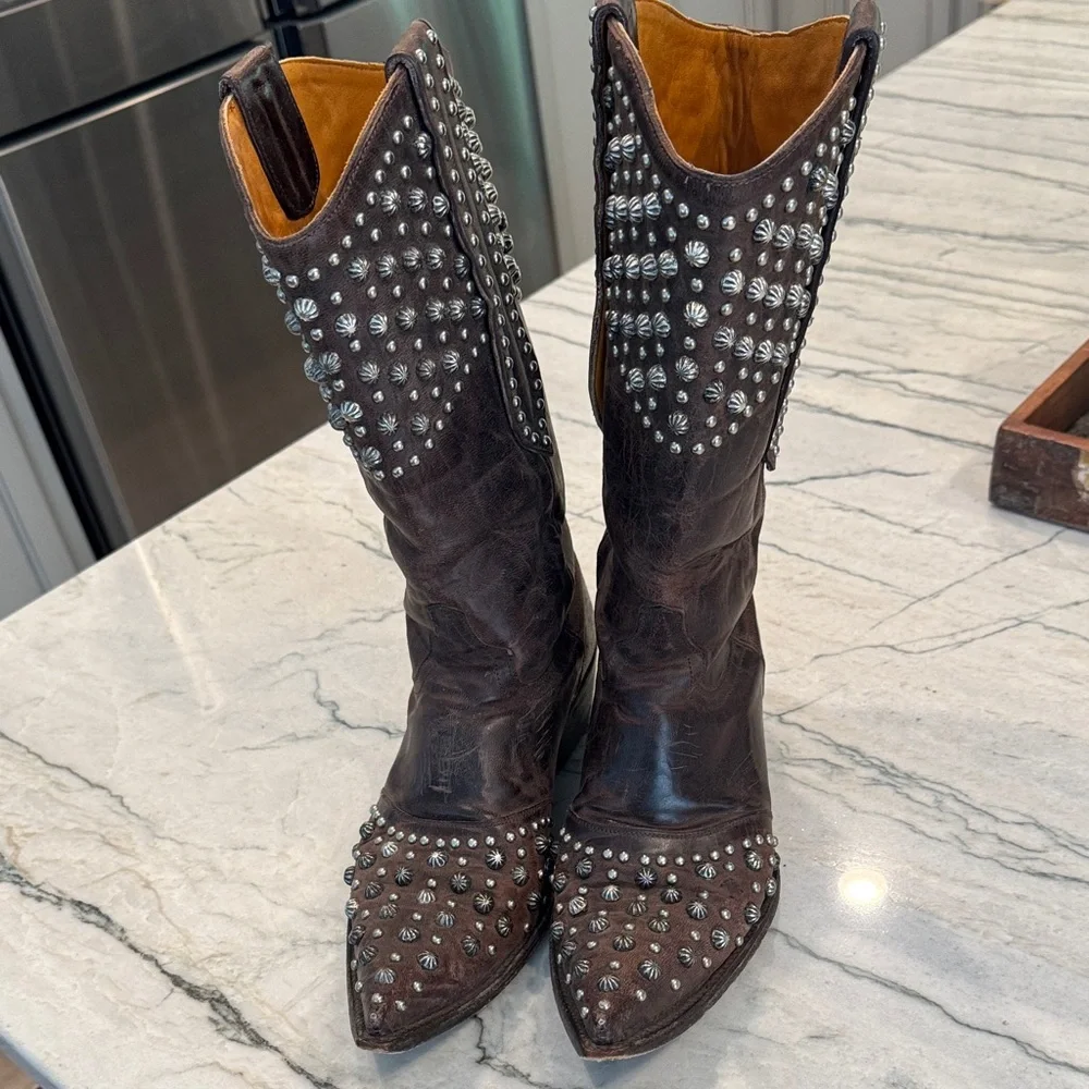 Old Gringo SZ 8.5 Studded Brown Leather Cowboy Boots - Picture 1 of 11